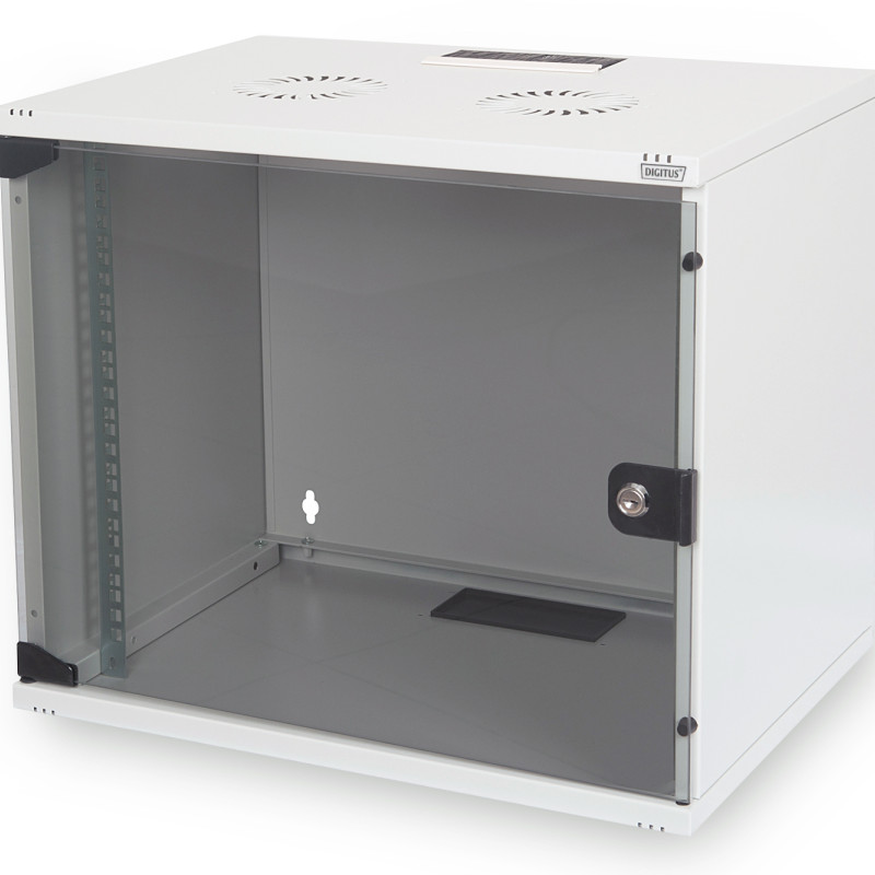 Digitus | 7U sienas stiprināms skapis | DN-19 07U-S-1 | Aizsardzības klase IP20. Aizslēdzamas drošības stikla durvis. Durvju atvēršanās leņķis 200°. Priekšējās durvis: stikla durvis, vienā atverē. Bez montāžas 370x540x400 mm | Pelēks