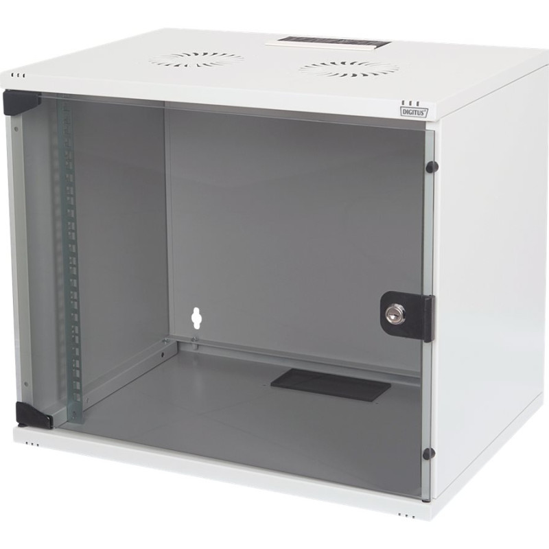 Digitus | 7U sienas stiprināms skapis | DN-19 07U-S-1 | Aizsardzības klase IP20. Aizslēdzamas drošības stikla durvis. Durvju atvēršanās leņķis 200°. Priekšējās durvis: stikla durvis, vienā atverē. Bez montāžas 370x540x400 mm | Pelēks