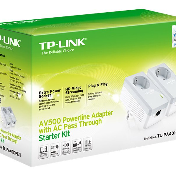 TP-LINK | Passthrough Powerline 600 sākuma komplekts | TL-PA4010P KIT | 10/100 Mbit/s | Ethernet LAN (RJ-45) porti 1 | Pārsūtīšanas ātrums (maks.) 600 Mbit/s | Papildu ligzda