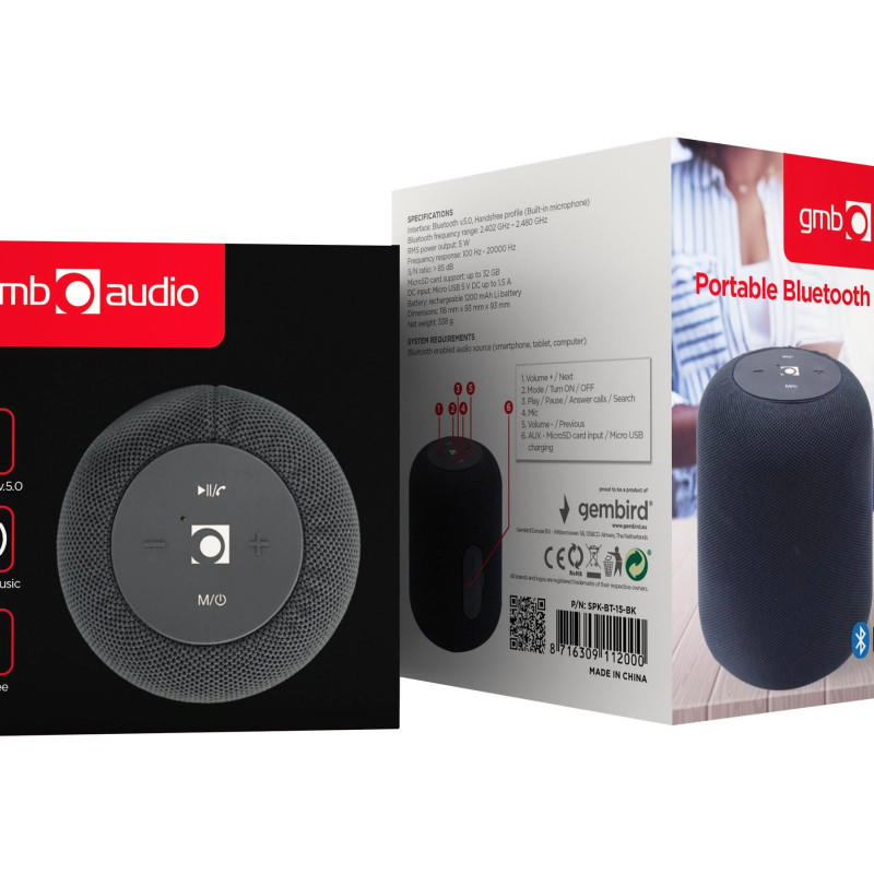 Gembird SPK-BT-15-BK Pārnēsājams Bluetooth skaļrunis, Bezvadu, 5 W, 1200 mAh, Melns | Gembird