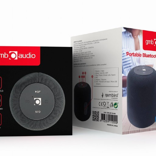 Gembird SPK-BT-15-BK Pārnēsājams Bluetooth skaļrunis, Bezvadu, 5 W, 1200 mAh, Melns | Gembird