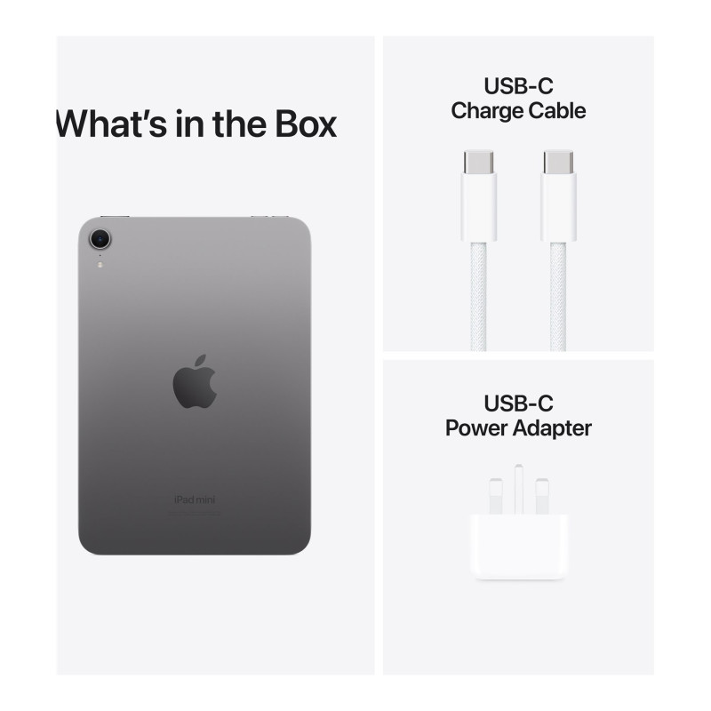 Apple | iPad mini | 8.3 " | Space Grey | IPS | 2266 x 1488 pixels | Apple A17 Pro | 512 GB | Wi-Fi | Front camera | 12 MP | Rear camera | 12 MP | Bluetooth | 5.3 | iPadOS | USB-C charging cable