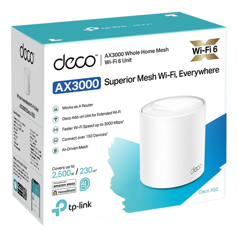 TP-LINK | AX3000 Whole Home Mesh WiFi 6 Unit | Deco X50 (1-pack) | 802.11ax | 574+2402 Mbit/s | Ethernet LAN (RJ-45) ports 3 | Mesh Support Yes | MU-MiMO Yes | No mobile broadband | Antenna type Internal