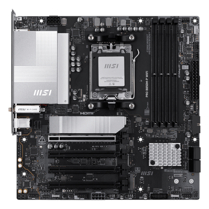 MSI PRO B850M-P WIFI | Procesoru saime AMD B850 | Procesora ligzda AM5 | DDR5 | Atbalstītie cietā diska interfeisi SATA, M.2 | SATA savienotāju skaits 4