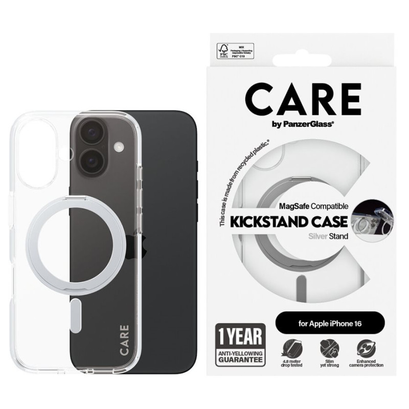 CARE Feature Case | Back cover | Apple | iPhone 16 | Recycled plastic | Silver | Kickstand & MagSafe