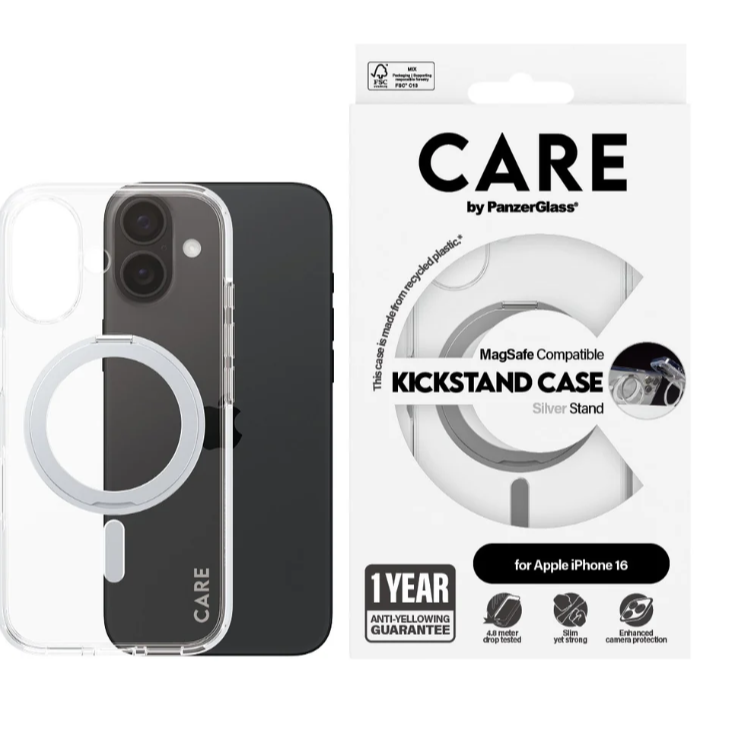 CARE Feature Case | Back cover | Apple | iPhone 16 | Recycled plastic | Silver | Kickstand & MagSafe