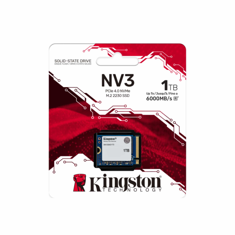 Kingston SSD | NV3 | 1000 GB | SSD formfaktors M.2 2230 | Cietvielu disks interfeiss PCIe 4.0 x4 NVMe | Lasīšanas ātrums 6000 MB/s | Rakstīšanas ātrums 4000 MB/s
