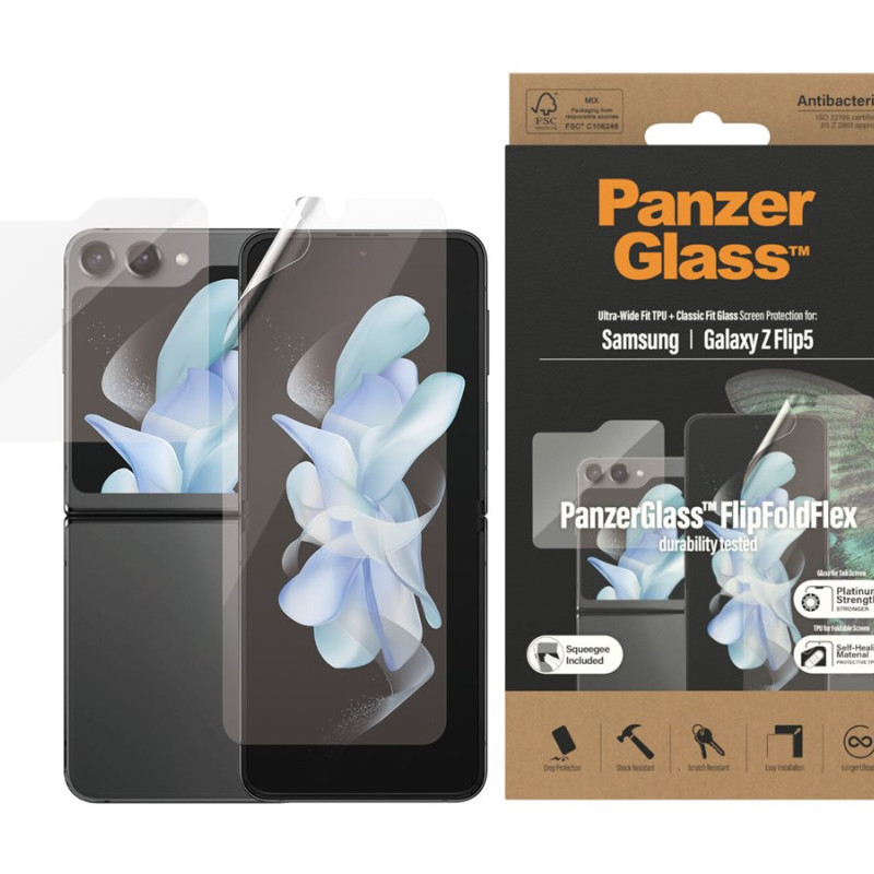 PanzerGlass | Ekrāna aizsargs | Samsung | Z flip5 CF AB | Termoplastiskais poliuretāns (TPU); Temprēts stikls; Polietilēna tereftalāts (PET) | Caurspīdīgs