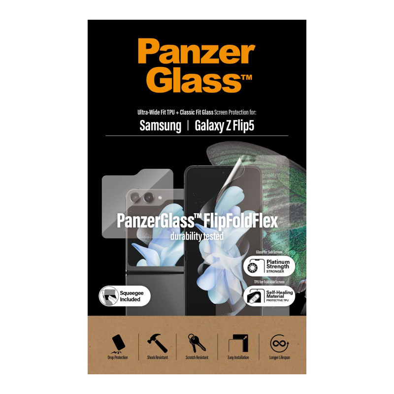PanzerGlass | Ekrāna aizsargs | Samsung | Z flip5 CF AB | Termoplastiskais poliuretāns (TPU); Temprēts stikls; Polietilēna tereftalāts (PET) | Caurspīdīgs