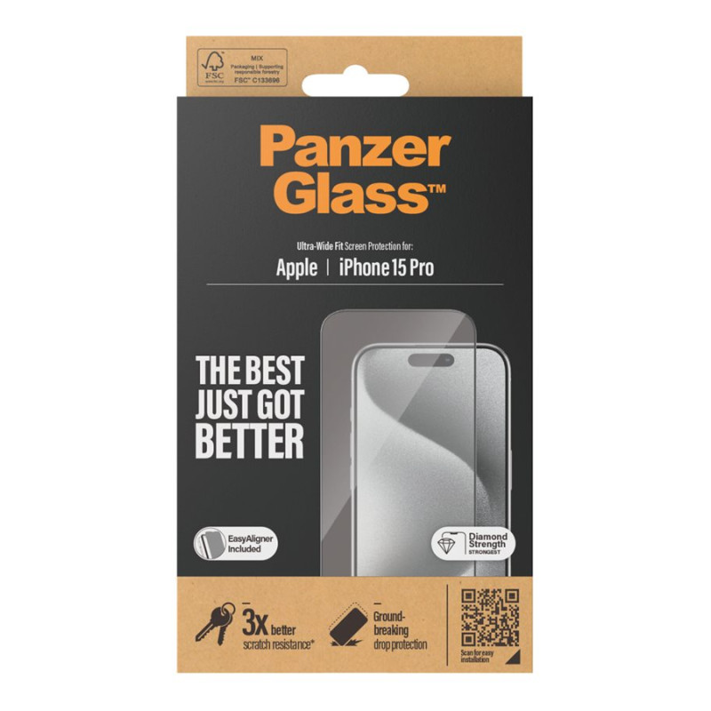 PanzerGlass | Ekrāna aizsargstikls | Apple | iPhone 15 Pro | Stikls | Caurspīdīgs | Viegla uzstādīšana; Pretpirkstu nospiedumiem; Pret dzeltenošanos | Ultra-Wide Fit