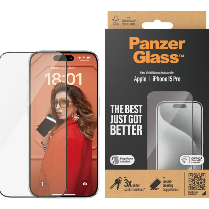 PanzerGlass | Ekrāna aizsargstikls | Apple | iPhone 15 Pro | Stikls | Caurspīdīgs | Viegla uzstādīšana; Pretpirkstu nospiedumiem; Pret dzeltenošanos | Ultra-Wide Fit