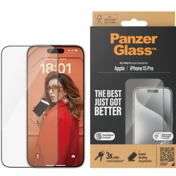 PanzerGlass | Ekrāna aizsargstikls | Apple | iPhone 15 Pro | Stikls | Caurspīdīgs | Viegla uzstādīšana; Pretpirkstu nospiedumiem; Pret dzeltenošanos | Ultra-Wide Fit
