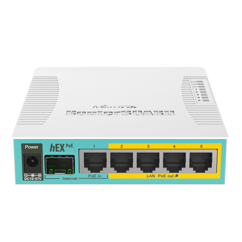 MikroTik vadu Ethernet maršrutētājs RB960PGS, hEX PoE, CPU 800MHz, 128MB RAM, 16MB flash, 1xSFP, 5x Gigabit LAN, 1xUSB, barošana uz portiem 2–5, izvade: maks. 1A/ports; 2A kopā, RouterOS L4 | MikroTik | hEX PoE Router | RB960PGS | Nav Wi‑Fi | 10/100/1000 Mbit/s | Ethernet LAN (RJ-45) porti 5 | Mesh atbalsts Nav | MU‑MIMO Nav | Nav mobilo datu | 1xUSB | 12 mēn.