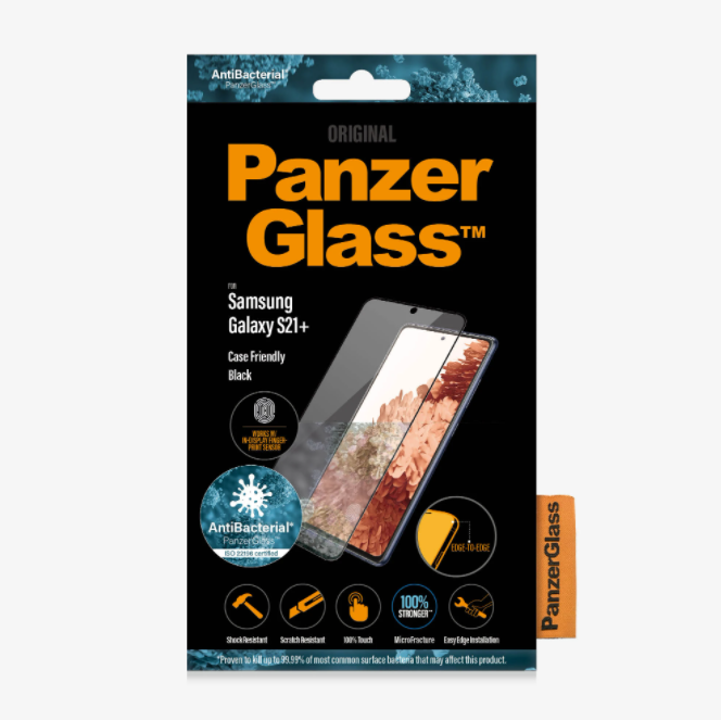 PanzerGlass | Samsung | Galaxy S21+ sērija | Antibakteriāls stikls | Melns | Saderīgs ar maciņu, Saderīgs ar pirkstu nospiedumu sensoru ekrānā | Ekrāna aizsargstikls pret pirkstu nospiedumiem