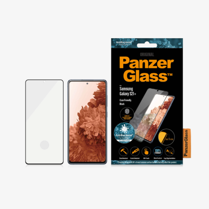 PanzerGlass | Samsung | Galaxy S21+ sērija | Antibakteriāls stikls | Melns | Saderīgs ar maciņu, Saderīgs ar pirkstu nospiedumu sensoru ekrānā | Ekrāna aizsargstikls pret pirkstu nospiedumiem