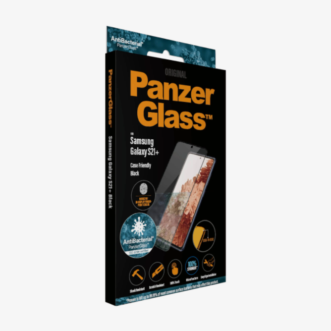 PanzerGlass | Samsung | Galaxy S21+ sērija | Antibakteriāls stikls | Melns | Saderīgs ar maciņu, Saderīgs ar pirkstu nospiedumu sensoru ekrānā | Ekrāna aizsargstikls pret pirkstu nospiedumiem