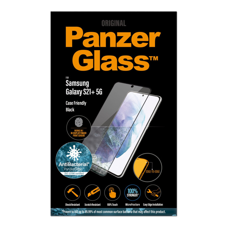 PanzerGlass | Samsung | Galaxy S21+ sērija | Antibakteriāls stikls | Melns | Saderīgs ar maciņu, Saderīgs ar pirkstu nospiedumu sensoru ekrānā | Ekrāna aizsargstikls pret pirkstu nospiedumiem