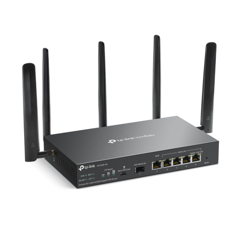 TP-LINK | Omada 4G+ Cat6 AX3000 Gigabit VPN maršrutētājs | ER706W-4G | 802.1q | 10/100/1000 Mbit/s | Mesh atbalsts Jā | MU-MIMO Jā | Antenas tips Noņemama | 60 mēneši