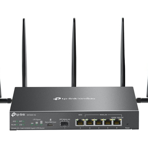 TP-LINK | Omada 4G+ Cat6 AX3000 Gigabit VPN maršrutētājs | ER706W-4G | 802.1q | 10/100/1000 Mbit/s | Mesh atbalsts Jā | MU-MIMO Jā | Antenas tips Noņemama | 60 mēneši