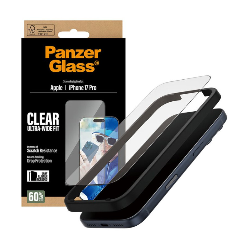 PanzerGlass Screen protector | Apple | iPhone 17 Pro | Glass | Transparent | Ultra-Wide Fit w. EasyAligner