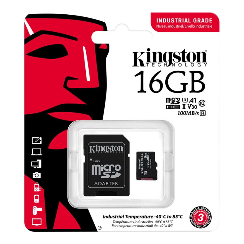 Kingston | UHS-I | 16 GB | microSDHC/SDXC Industrial Card | Flash memory class Class 10, UHS-I, U3, V30, A1 | SD Adapter