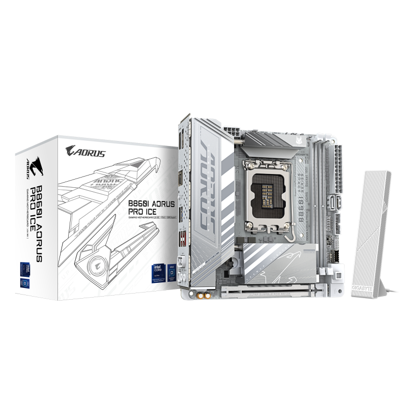 Gigabyte B860I AORUS PRO ICE | Procesoru saime Intel | Procesoru ligzda LGA1851 | DDR5 | Atbalstītie cieto disku interfeisi SATA, M.2 | SATA savienotāju skaits 2