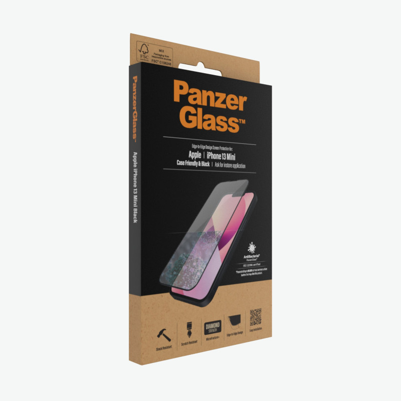 PanzerGlass | Caurspīdīgs ekrāna aizsargs | Apple | iPhone 13 Mini | Rūdīts stikls | Melns | Antibakteriāls stikls; Izturīgs pret skrāpējumiem un baktērijām; Triecienu absorbējošs; Viegli uzstādāms