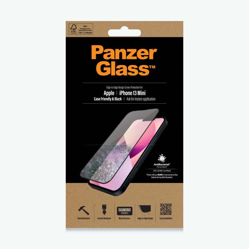 PanzerGlass | Caurspīdīgs ekrāna aizsargs | Apple | iPhone 13 Mini | Rūdīts stikls | Melns | Antibakteriāls stikls; Izturīgs pret skrāpējumiem un baktērijām; Triecienu absorbējošs; Viegli uzstādāms