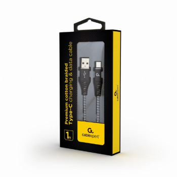 Cablexpert | Premium kokvilnas pītā Type-C USB lādēšanas un datu kabelis, 1 m | CC-USB2B-AMCM-1M-BW