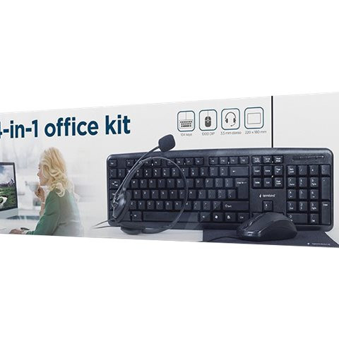 Gembird | 4-in-1 multimediju biroja komplekts | KBS-UO4-01 | Tastatūra, pele, paliktnis un austiņu komplekts | Vadu | Pele iekļauta | US | Melns