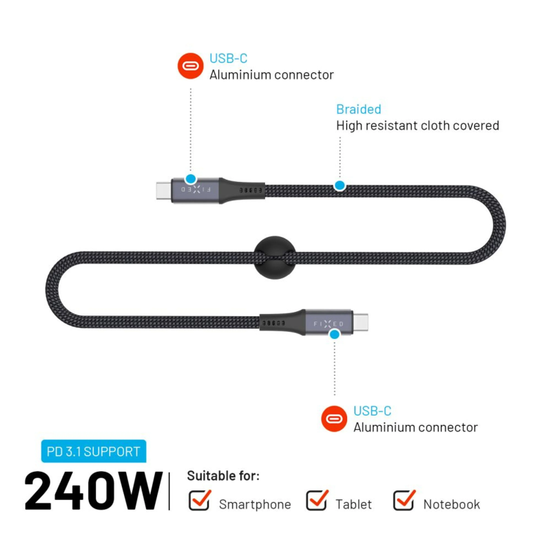 Fixed pinuma kabelis USB-C/USB-C, 2 m, USB4 gen2 20 Gbps, 4K 60 Hz, 240 W | FIXDBP-CC2-GR