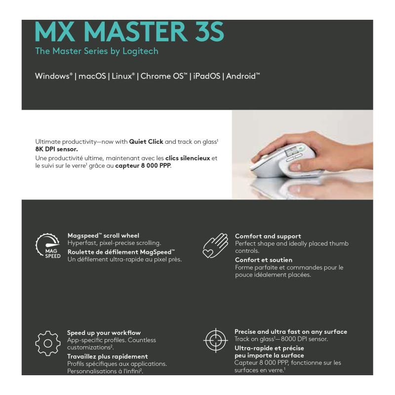 Logitech Mouse | MX MASTER 3S | Wireless | Bluetooth, 2.4GHz | Pale Gray