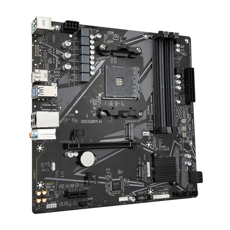 Gigabyte | B550M K 1.0 M/B | Procesoru saime AMD | Procesora ligzda AM4 | DDR4 DIMM | Atmiņas sloti 4 | Atbalstītās cietā diska saskarnes SATA, M.2 | SATA savienotāju skaits 4 | Čipsets AMD B550 | Micro ATX