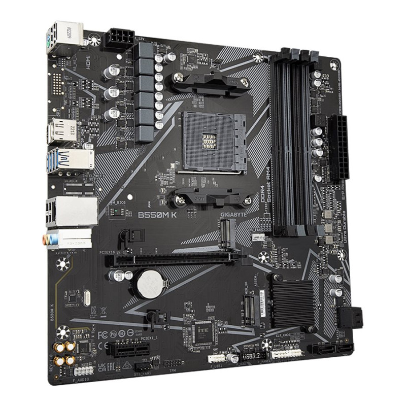 Gigabyte | B550M K 1.0 M/B | Procesoru saime AMD | Procesora ligzda AM4 | DDR4 DIMM | Atmiņas sloti 4 | Atbalstītās cietā diska saskarnes SATA, M.2 | SATA savienotāju skaits 4 | Čipsets AMD B550 | Micro ATX