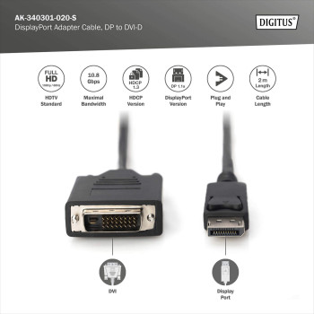 Digitus adaptera kabelis, DP - DVI | DisplayPort | 2 m
