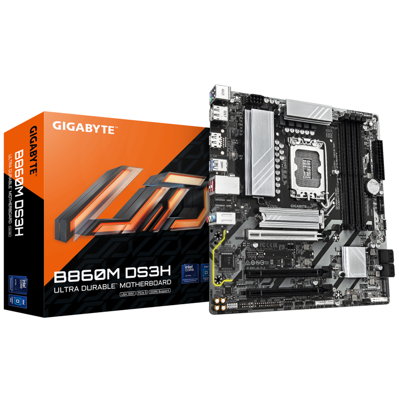 Gigabyte B860M DS3H | Processor family Intel | Processor socket LGA1851 | DDR5 | Supported hard disk drive interfaces M.2, SATA | Number of SATA connectors 4