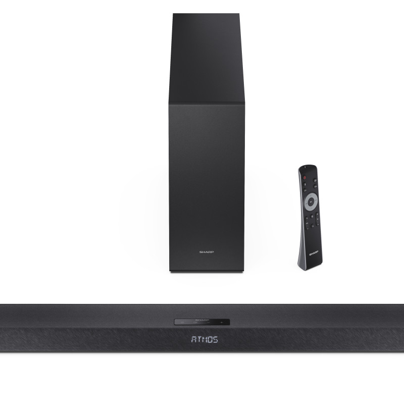Sharp 2.1 kanālu Ultra-plāns Dolby Atmos/DTS Virtual:X skaņas josla ar bezvadu zemfrekvences skaļruni | HT-SBW320 | 360 W | Bluetooth | Bezvadu savienojums | Melna
