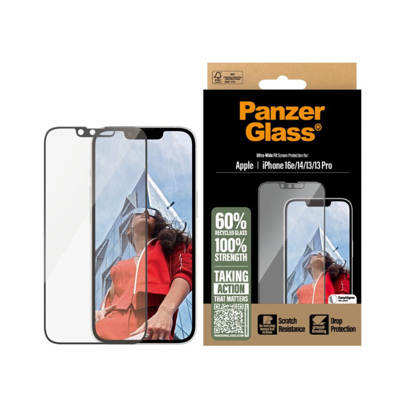 PanzerGlass Screen protector | Apple | iPhone 13/iPhone 13 Pro/iPhone 14/iPhone 16e | Glass | Transparent | Ultra-Wide Fit W. Aligner