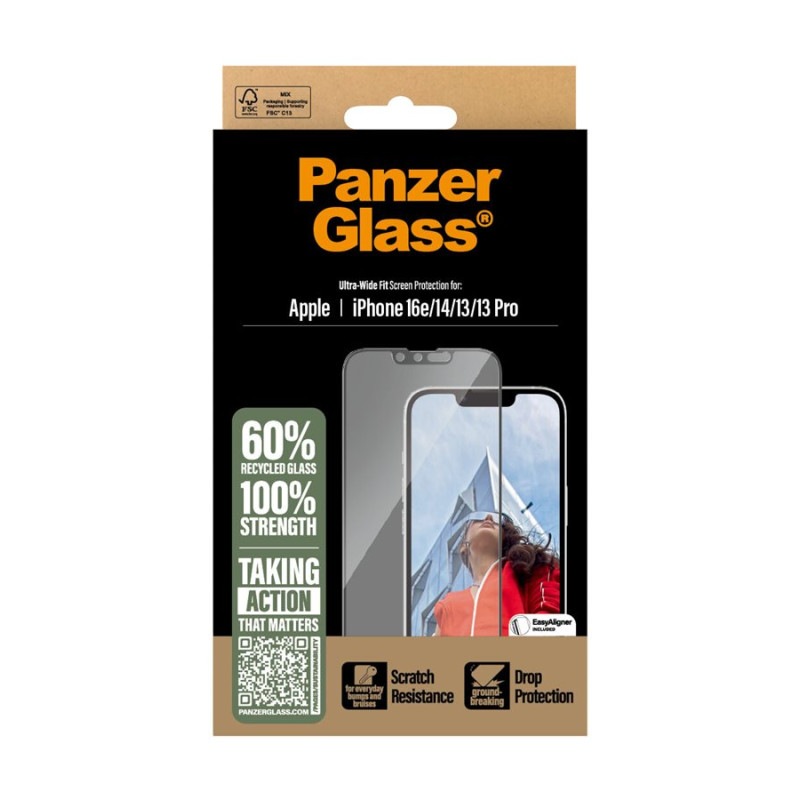 PanzerGlass Screen protector | Apple | iPhone 13/iPhone 13 Pro/iPhone 14/iPhone 16e | Glass | Transparent | Ultra-Wide Fit W. Aligner