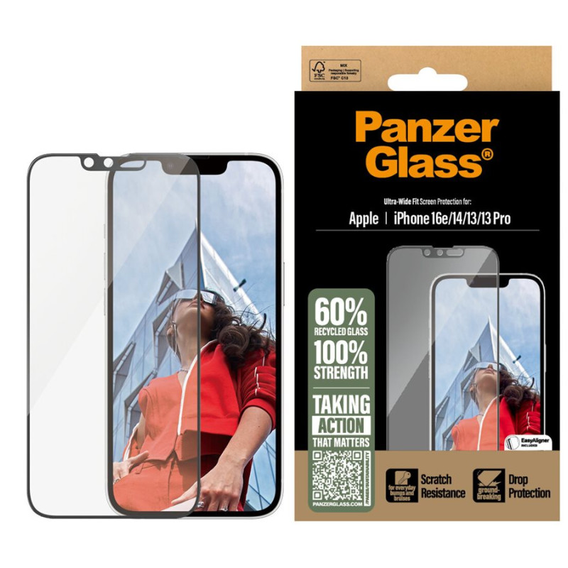 PanzerGlass Screen protector | Apple | iPhone 13/iPhone 13 Pro/iPhone 14/iPhone 16e | Glass | Transparent | Ultra-Wide Fit W. Aligner