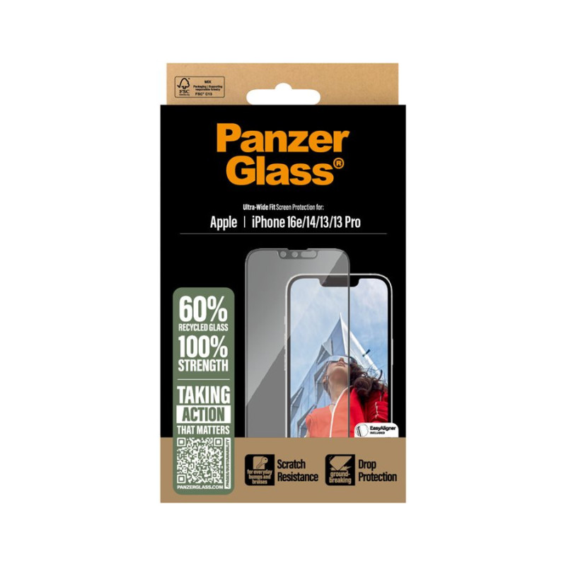 PanzerGlass Screen protector | Apple | iPhone 13/iPhone 13 Pro/iPhone 14/iPhone 16e | Glass | Transparent | Ultra-Wide Fit W. Aligner