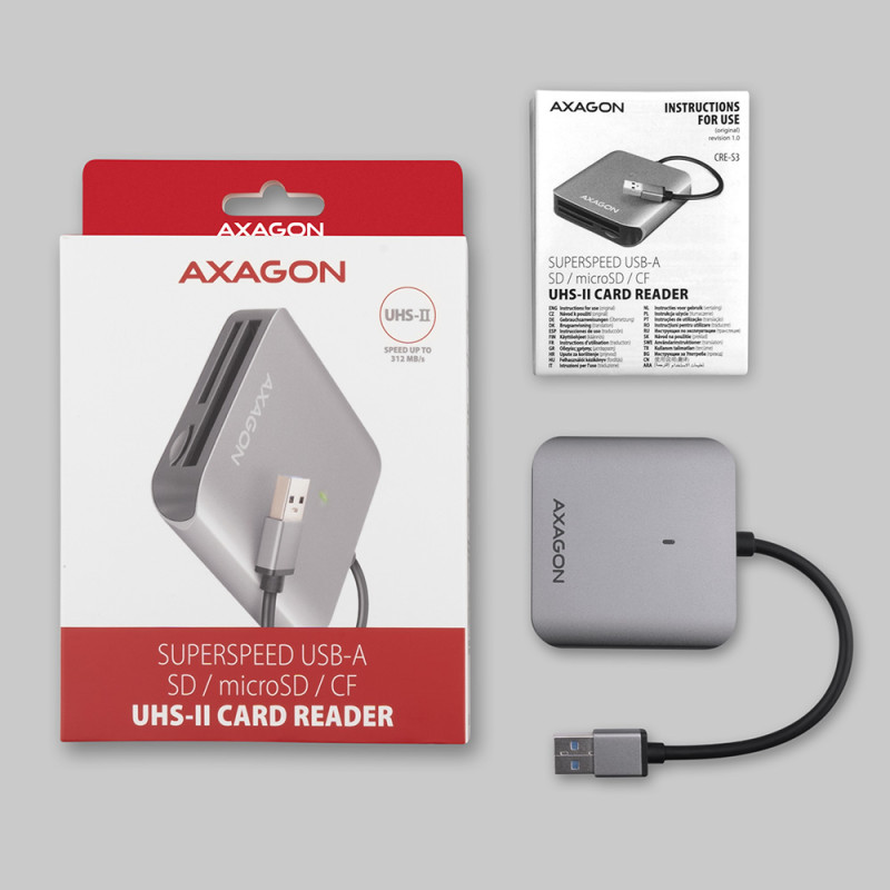 AXAGON alumīnija augstas ātrg. USB-A 3.2 Gen 1 atmiņas karšu lasītājs, 3 sloti | CRE-S3