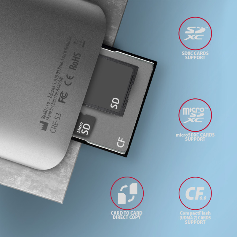 AXAGON alumīnija augstas ātrg. USB-A 3.2 Gen 1 atmiņas karšu lasītājs, 3 sloti | CRE-S3