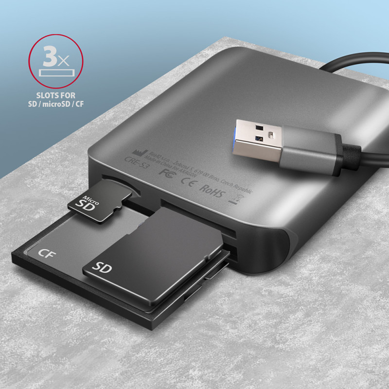 AXAGON alumīnija augstas ātrg. USB-A 3.2 Gen 1 atmiņas karšu lasītājs, 3 sloti | CRE-S3