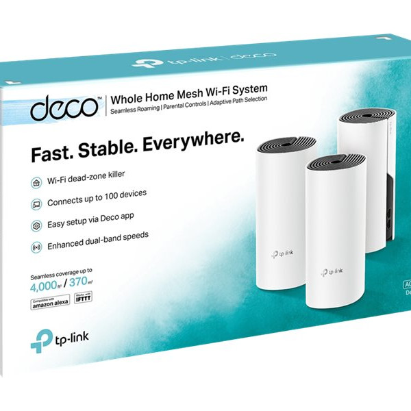 TP-LINK | Whole Home Mesh WiFi System | Deco M4 (3-Pack) | 802.11ac | 300+867 Mbit/s | 10/100/1000 Mbit/s | Ethernet LAN (RJ-45) pieslēgvietas 2 | Mesh atbalsts Jā | MU-MIMO Jā | Bez mobila platjosla | Antenas tips 2xIekšējā | Nav