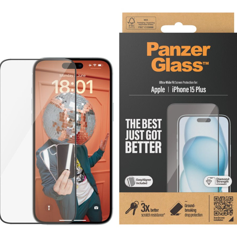 PanzerGlass | Screen protector | Apple | IPhone 15 Plus | Glass | Transparent | Ultra-wide fit, Scratch resistant, Drop protection, EasyAligner included