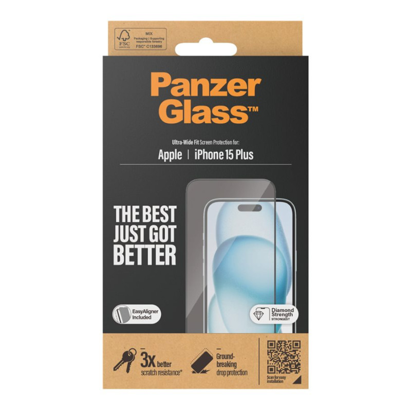 PanzerGlass | Screen protector | Apple | IPhone 15 Plus | Glass | Transparent | Ultra-wide fit, Scratch resistant, Drop protection, EasyAligner included