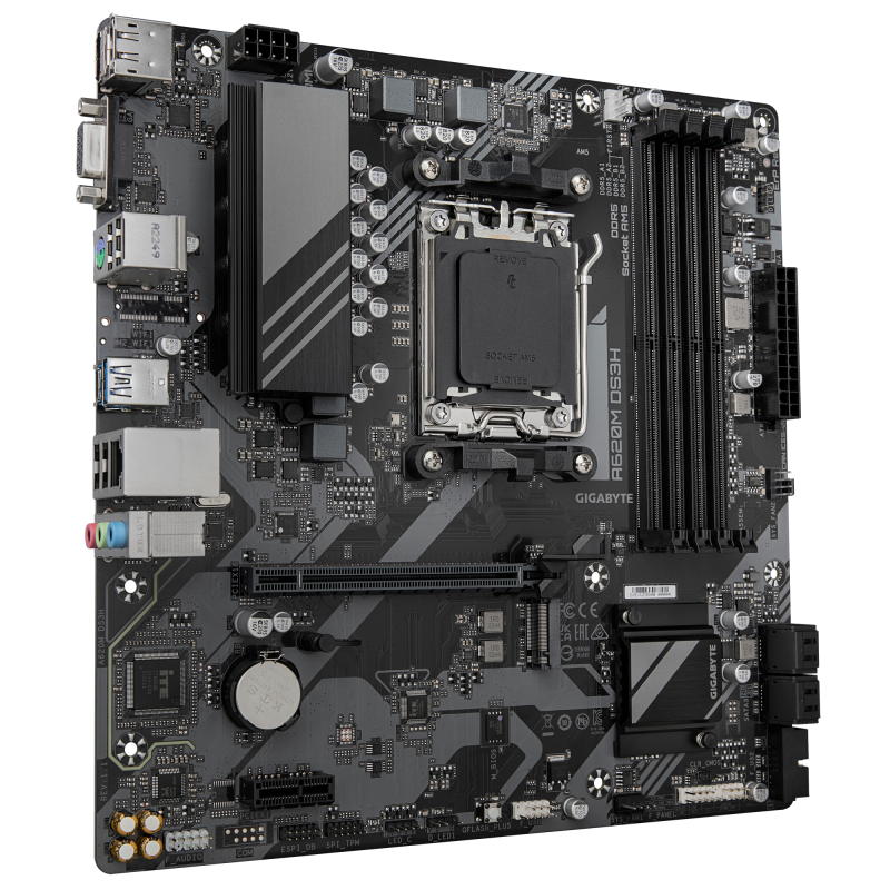 Gigabyte A620M DS3H | Procesoru ģimene AMD | Procesora ligzda AM5 | DDR5 | Atbalstītie cietā diska interfeisi M.2, SATA | SATA savienotāju skaits 4