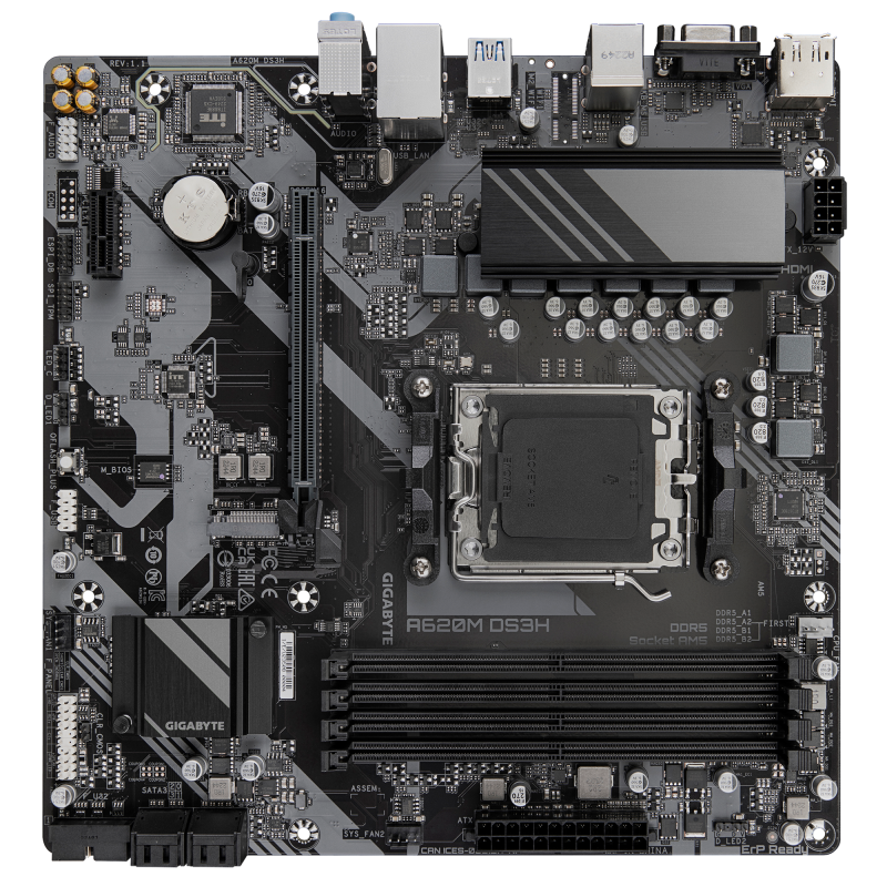 Gigabyte A620M DS3H | Procesoru ģimene AMD | Procesora ligzda AM5 | DDR5 | Atbalstītie cietā diska interfeisi M.2, SATA | SATA savienotāju skaits 4
