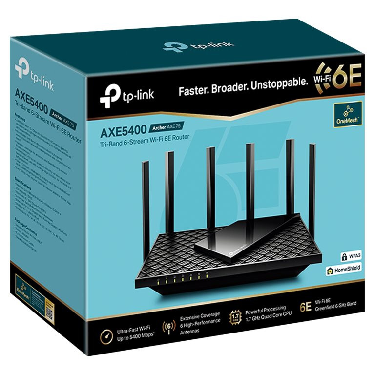 TP-LINK | AXE5400 Tri-Band Gigabit Wi-Fi 6E Router | Archer AXE75 | 802.11ax | 10/100/1000 Mbit/s | Ethernet LAN (RJ-45) ports 4 | Mesh Support Yes | MU-MiMO No | No mobile broadband | Antenna type External | 1